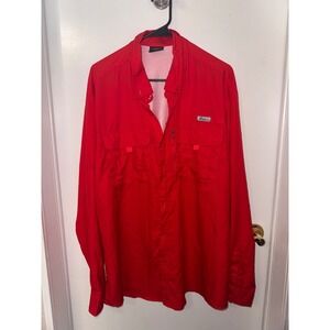 Pudolla Mens Fishing Shirt Long Sleeve Red Button Up Ripstop Pockets XL